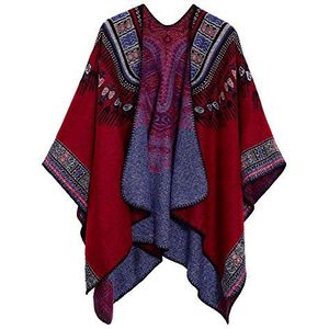 EXCHIC Retro sjaal voor dames, open voorkant, poncho, cape, cardigan voor herfst en winter, 2-rood, one size