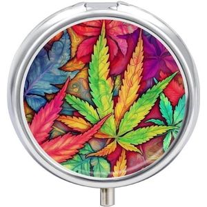 Multicolor Leaf Weed Art Pil Doos Leuke Ronde Pil Case Draagbare Geneeskunde Tablet Vitamine Houder Organizer voor Purse Pocket