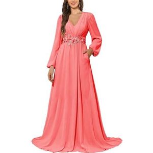 KURFACE Bruidsmeisjesjurk met lange mouwen en zakken, kanten applicatie, chiffon, moederjurk van de bruid, Koraal, 32