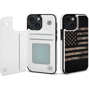 Amerikaanse vlag woestijn camouflage flip telefoonhoesje compatibel voor iPhone 15 schattig portemonneehoesje telefoon beschermhoes met kaarthouder