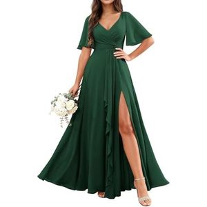 KURFACE Chiffon bruidsmeisjesjurken met mouwen split ruches lange bruidsmeisje formele avondjurk, Emerald Groen, 32