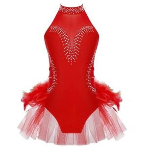 NUOYIXUAN Gymnastiekpak voor meisjes, danzo-overall, ballettutu, mouwloos, met tule rok, skaterpak, performance-kostuum (rood, 12)