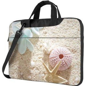 Groene bamboe print grote laptoptas computertas, laptoptas, aktetas voor vrouwen, kantoor, zakenreizen, Blauwe bloem met zeesterren op het strand, 14 inch