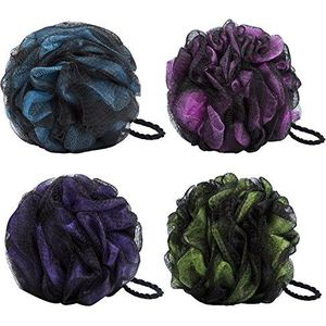 VANKINE Loofah bad en douche spons 4-pack (75 g/stuks), grote mesh poef exfoliërende bad spons lichaam scrubber bladerdeeg