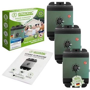 Isotronic Ultrasone vogelverjager, vogelverschrikker, op batterijen, 3-delige set, mobiel inzetbaar tegen vogels op balkon, dakgoot, raam, fruitboom, zonder duivenspikes