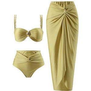 HFYRBDKSPI Dames 3-delige Bikini Sets Spaghetti Bandjes Geplooid Badpak met Strand Cover Up Wrap Rok Sarong,Geel,L