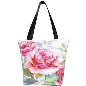 BeNtli Schoudertas, Canvas Tote Grote Tas Vrouwen Casual Handtas Herbruikbare Boodschappentassen, Mooie Bloemen Rose Roze Bloem Bloemen, zoals afgebeeld, Eén maat