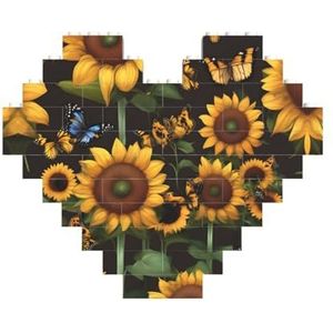 Zonnebloem Bloemen Vlinders Kunst Jigsaw Puzzle-Hartvormige Bouwstenen Puzzel-Leuk En Stress-Verlichtend Puzzel Spel