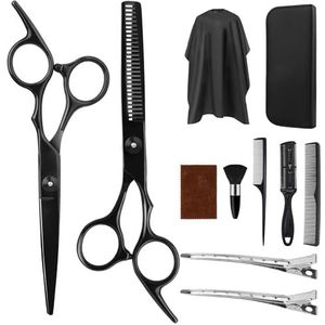 11-delige professionele kappersschaar, kappersschaar, met kappersschaar en taps toelopende schaar, kapperscape (zwart)