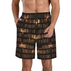 Biljart Print Heren Zwemplank Shorts Zwembroek Trunks Badmode Sneldrogende Surfen Strand Essentiële Zomer, Bibliotheek Boekenplank Boek, XXL