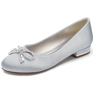 Dames Satijnen Bruiloft Flats voor Bruid Ronde Neus Slip On Formele Jurk Platte Schoenen Avond Bruids Feest Jurk Platte Schoenen,Zilver,36 EU