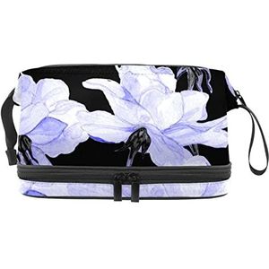 Blauwe Bloemen Make-upzak Dubbele Laag Ruime Cosmetische Zakken voor Vrouwen en Meisjes Reizen Draagbare Toiletry Pouch met Rits, Meerkleurig, 27x15x14 cm/10.6x5.9x5.5 in, Make-up zakje