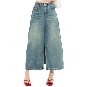 Midi Denim Rok Met Split Aan De Voorkant Voor Dames A-Lijn Met Hoge Taille Casual Baggy Streetwear Lange Jeansrokken,Blauw,L