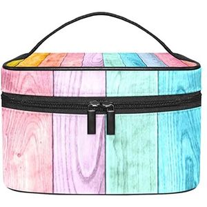 Kleurrijke houten patroon make-up organizer tas, reismake-up tas organizer case draagbare cosmetische tas voor vrouwen en meisjes toiletartikelen, Meerkleurig, 22.5x15x13.8cm/8.9x5.9x5.4in