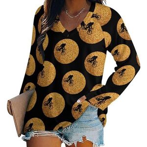 Golden Moon Bigfoot Sasquatch dames casual T-shirts met lange mouwen V-hals bedrukte grafische blouses T-shirt tops M