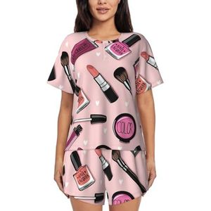 YQxwJL Moderne Meisje Cosmetische Print Vrouwen Pyjama Sets Shorts Korte Mouw Lounge Sets Nachtkleding Casual Pjs Met Zakken, Zwart, 4XL