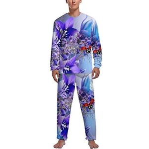 Paarse bloem lieveheersbeestje zachte heren pyjama set comfortabele lange mouwen loungewear top en broek geschenken XL