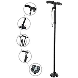Vouwstok met led-licht, verstelbare stokken en wandelstokken voor mannen en vrouwen, wandelstok voor ouderen met kussen T handvat en draaibare quad-basis
