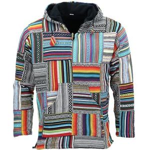 LOUDelephant Baja hoodie voor dames en heren, katoen, canvas, festivaljack, boho hippie hoodie met ritssluiting, kangoeroezakken, etnische handgemaakte fleece gevoerde top, Patch Niet-borstel, XL
