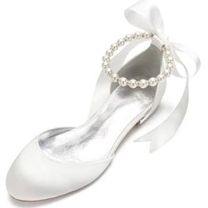 KYEGLO Satin Ballerina's Met Gesloten Neus Voor Bruiden, 2,5 Cm - Parelversiering, Enkelbandje, Elegante Trouwschoenen Voor Trouw- En Feestjurken,ivoor,36 EU