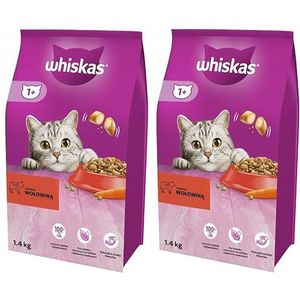 Whiskas Adult 1+ droogvoer voor katten, met rundvlees, 2 zakken, 2 x 1,4 kg, hoogwaardig droogvoer voor volwassen katten vanaf 1 jaar, verschillende productverpakkingen verkrijgbaar