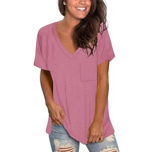 MOLERANI vrouwen shirts met korte mouwen V-hals Loose Casual Tee zomer tops met zak Lichtroze S