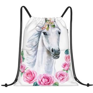 EgoMed Trekkoord Rugzak, Rugzak String Bag Sport Cinch Sackpack String Bag Gym Bag, Wit Paard Met Roze Bloemen, zoals afgebeeld, Eén maat