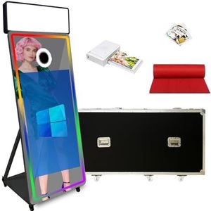 Magic Mirror Fotocabine met 43 inch touchscreen, draagbare fotocabine met LED RGB vullicht en vliegkoffer voor bruiloften feesten evenementenverhuur (zwart, fotocabine + printer)