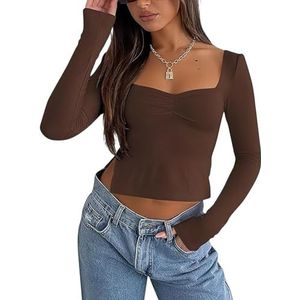 Rongseng Dames shirt met lange mouwen sexy crop tops buikvrij bovenstuk sweetheart hals lange mouwen T-shirt slim fit split plissé pullover Y2K tops effen cropped top elegant modieus streetwear,