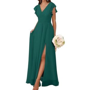 AHERKLL Bruidsmeisjesjurken met korte mouwen voor bruiloft ruches chiffon formele avondfeest maxi-jurk met steekzakken HAH059, Turkoois, 42