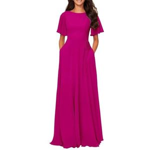 HPPEE Flutter lange mouwen bruidsmeisjes jurken met zakken sjerp voor bruiloft formele avondjurk WYX527, roze (hot pink), 38