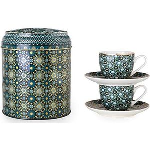IMAGES D'ORIENT Andalusia espressoset groen-goud, 2 espressokopjes met onderzetter, 90 ml, porselein, oosters design met geometrische patronen, incl. geschenkdoos van plaatstaal