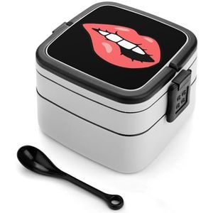 Pink Kiss Lips Bento Lunch Box Dubbellaags All-in-One Stapelbare Lunch Container Inclusief Lepel met Handvat