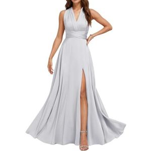 Chiffon bruidsmeisjesjurken voor dames, met split, lange baljurken, cocktailjurken, grote maten, Zilver, 32
