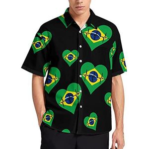Love Brazilië Heartbeat Hawaiiaans shirt voor mannen, zomer, strand, casual korte mouwen, button-down shirts met zak
