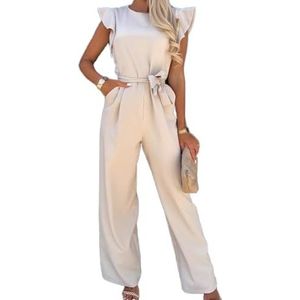 OHERUWKLS Dames Zomer Casual Effen Kleur Ronde Hals Ruffle Cap Mouw Brede Been Stropdas Jumpsuit,Beige,L