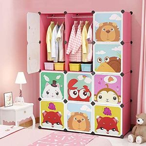 Glit Opbergkast voor kinderen, 12 blokjes, modulaire kast met deuren, dierenmotieven, kunststof rek voor speelgoed, kleding en schooltassen (roze) HJ2547899