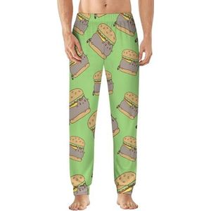 Grappige kat hamburger heren pyjama broek zachte lounge bodems lichtgewicht slaapbroek