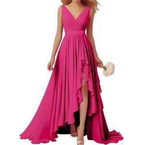 Chiffon bruidsmeisjesjurken voor bruiloft, lange V-hals, ruches, geplooide Empire-taille, formele jurk met split, roze (hot pink), 54 grote maten