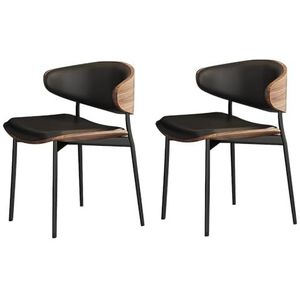 2-delige eetkamerstoelen, gebogen walnoothout, stoelen in mid-century modern design, zwarte kunstleren keuken- en eetkamerstoelen met metalen poten(Black)