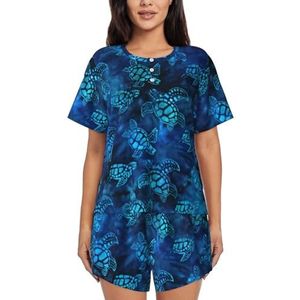 Zeeschildpad-blauwe print dames zomer zachte tweedelige bijpassende outfits korte mouw pyjama lounge pyjama sets, Zwart, XL