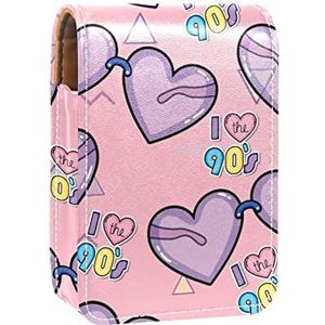 Lipgloss Houder Lipstick Case Draagbare Mini Lipstick Opbergdoos Reizen Lipstick Organizer Case met Spiegel voor Vrouwen Liefde Paars Hart Driehoeken Roze Achtergrond, Meerkleurig, 9.5x2x7 cm/3.7x0.8x2.7 in