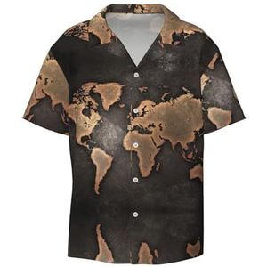 EdWal Rust World Map Print Heren Korte Mouw Button Down Shirts Casual Losse Fit Zomer Strand Shirts Heren Jurk Shirts, Zwart, XXL