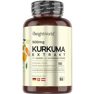 Kurkuma capsules 180 vegan capsules voor 6 maanden voorraad - Met zwarte peper en gember - Natuurlijke ingrediënten - Van WeightWorld