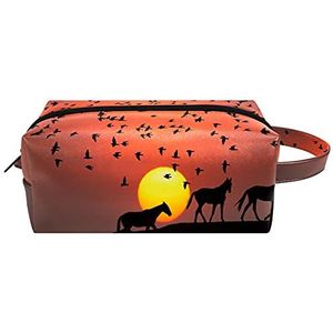Sunset Horse Birds Lederen Cosmetische Pouch Bag met handvat, Waterdichte Vierkante Toilettas Reistas, Kleine Potlood Case voor Dames Heren Meisjes Kids