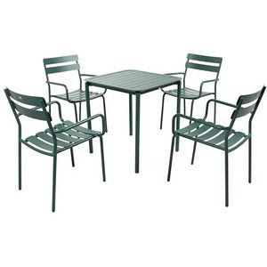 Oviala Vierkante terrastafel (70 x 70 cm) en 4 fauteuils donkergroen