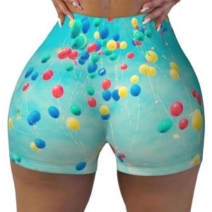 Dames Sport Elastische Shorts Kleurrijke Ballonnen Blauwe Hemel Printing Vrouwen Workout Shorts Ademend En Sneldrogende Yoga Shorts, Zwart, XXL-3XL kort