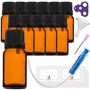 HandsUnity 10ml-12st Druppelaar Inzet Flesje -Klein Amber Glazen Flesje Apothekersglas met Zwarte Druppelaar Inzetdop van Bruin Glas set inclusief 30 hulp Accessoires