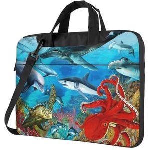 ASEELO Sneeuw Wolf Patroon Zakelijke Laptop Tassen Messenger Aktetas Computer Tas met Schouder Compatibel voor Werk, Dolfijnen Zeeschildpad Haai Octopus Koraal Reef, 14 inch Laptop bag