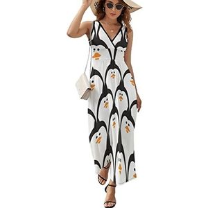 Leuke pinguïn patroon casual maxi-jurk voor vrouwen V-hals zomerjurk mouwloze strandjurk L